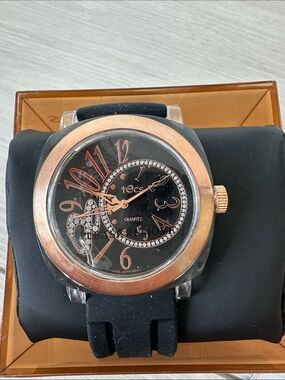 TOCS Rose Gold Accent Black Dial Quartz Watch